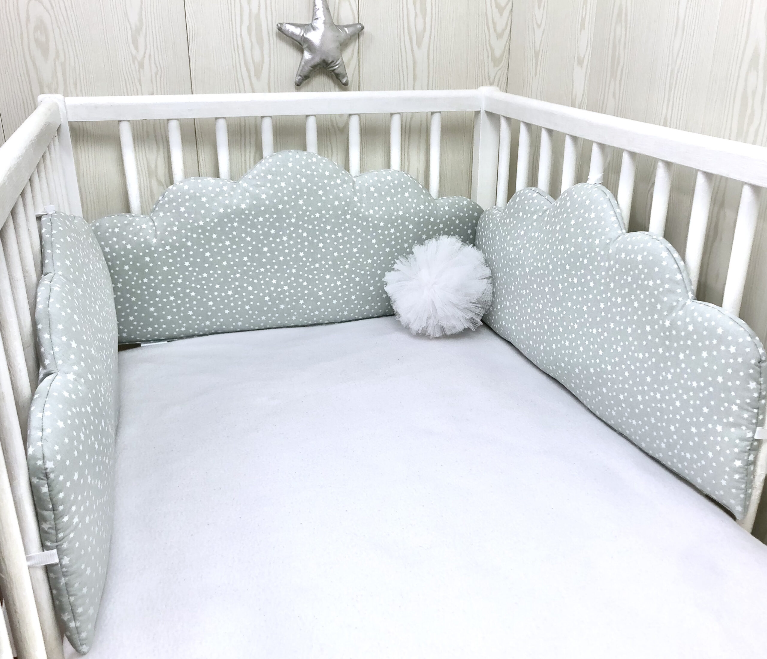 Gris Etoiles Tour De Lit Bebe 3 Panneaux Forme Nuage Tissu Au Choix Little Square